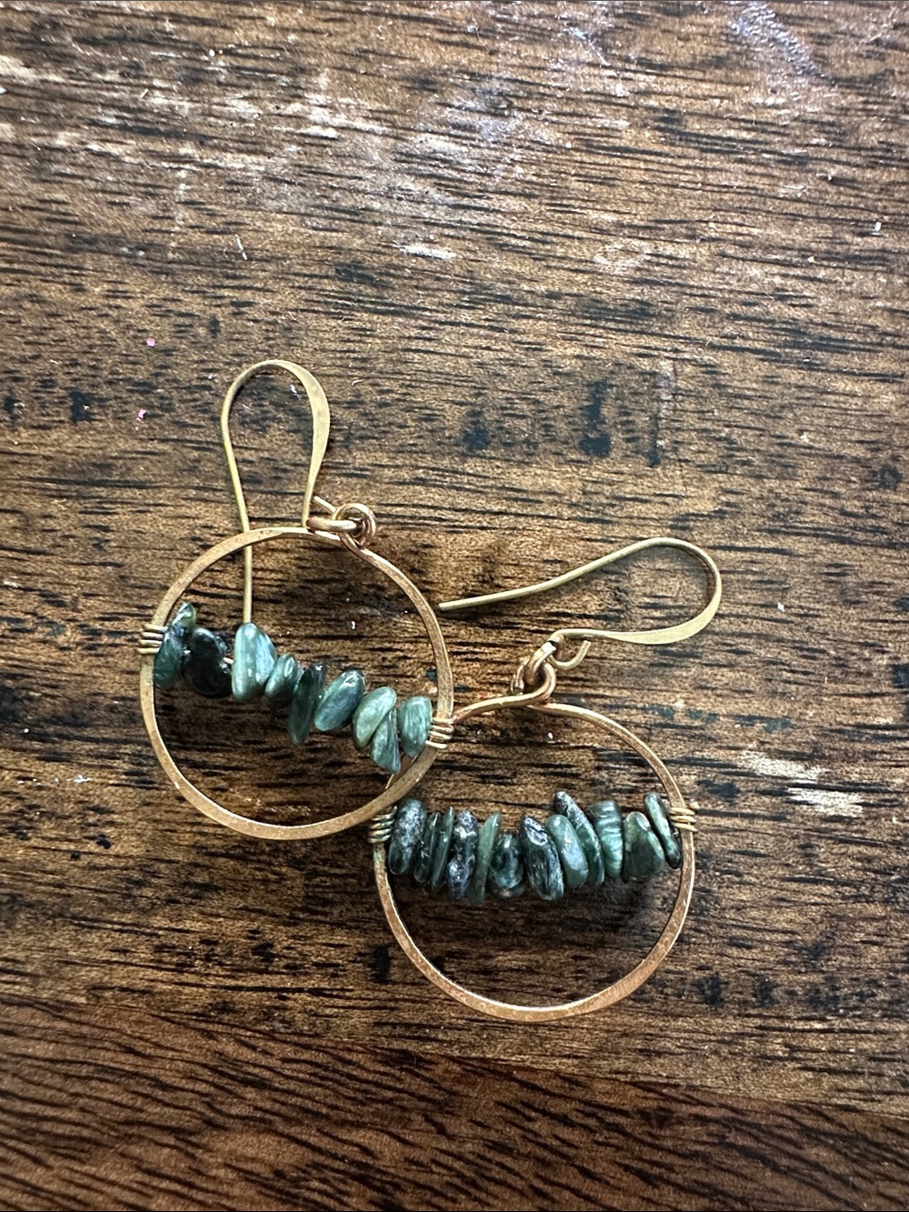 Gold Hoop Earrings with Moss Agate Chip Accents